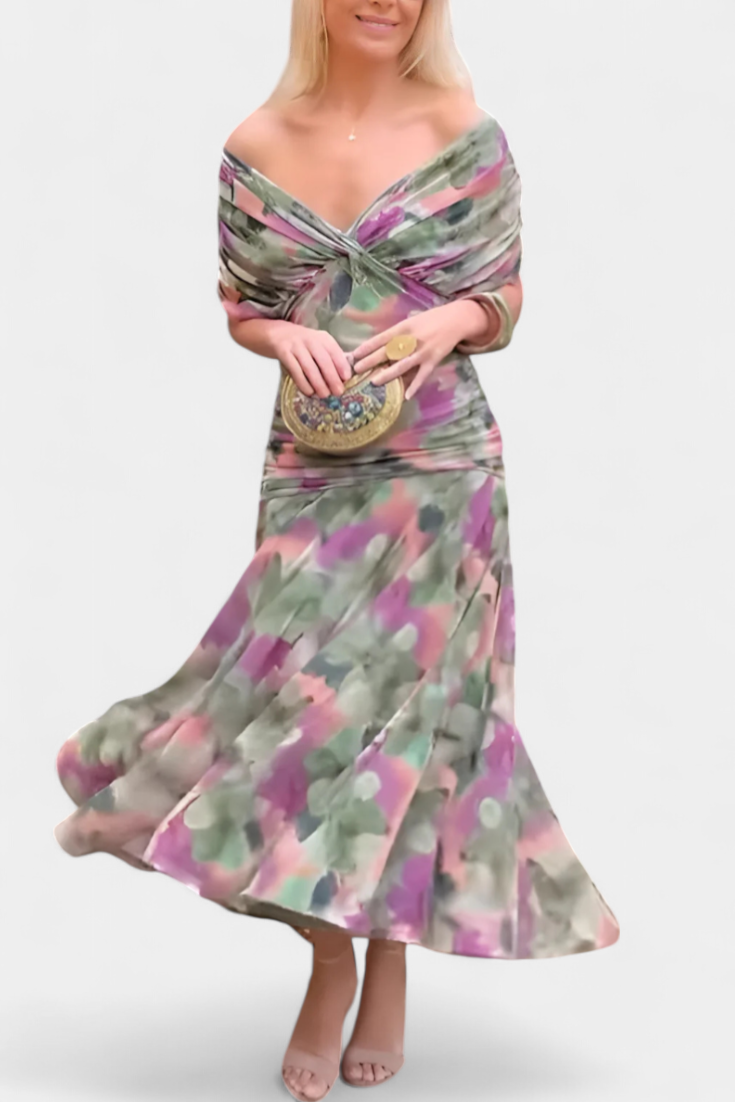 Elegant V Neck Ruffled Floor Length Dress