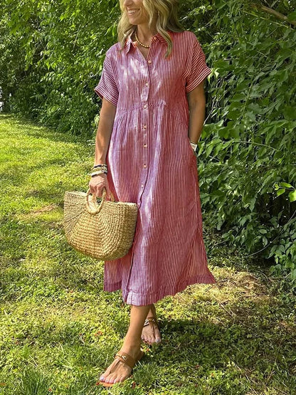 Red and White Striped Casual Midi Dress for Women