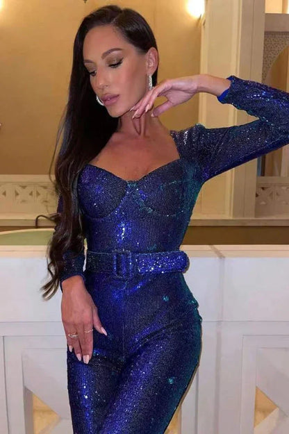 Women's Sequin Jumpsuit Corset Detail Flared Legs