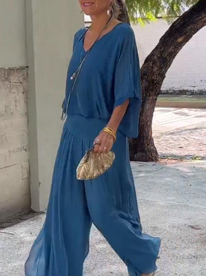 Green Women's V-Neck Flare Sleeve Loose Fit Jumpsuit Set