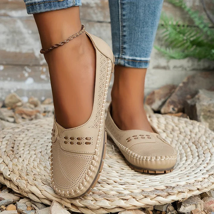 Women's Slip On Loafers Perforated Leather Round Toe
