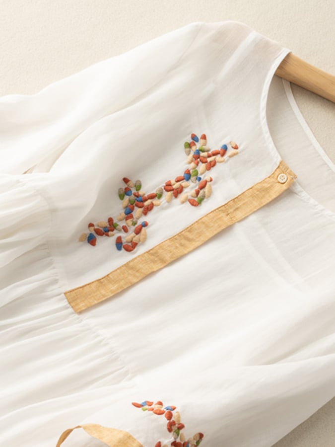 Women's Embroidered Midi Dress Cotton Half Sleeves Contrast Trim