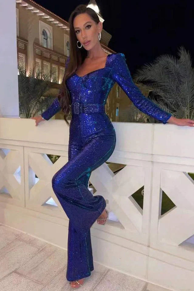 Women's Sequin Jumpsuit Corset Detail Flared Legs