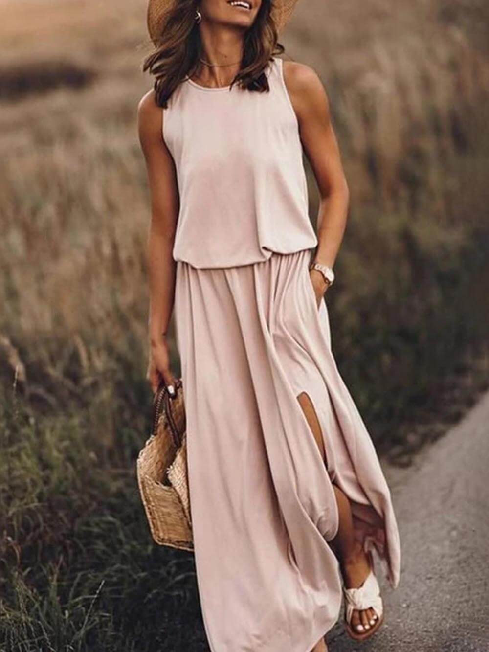 Women's Sleeveless Slit Dress Loose Fit Cotton Breezy Rose