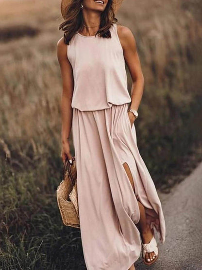 Women's Sleeveless Slit Dress Loose Fit Cotton Breezy Rose - VibreMode