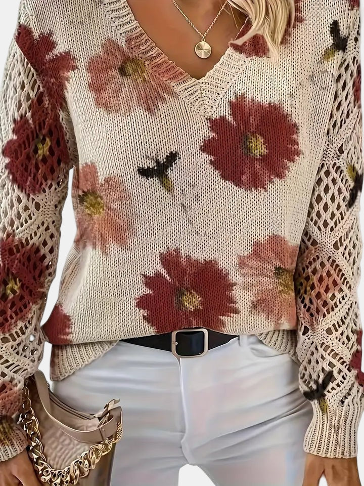 Women's V-Neck Sweater Floral Knit Pattern