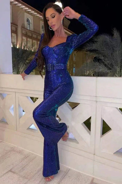 Women's Sequin Jumpsuit Corset Detail Flared Legs