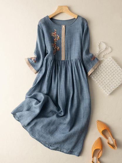 Women's Embroidered Midi Dress Cotton Half Sleeves Contrast Trim