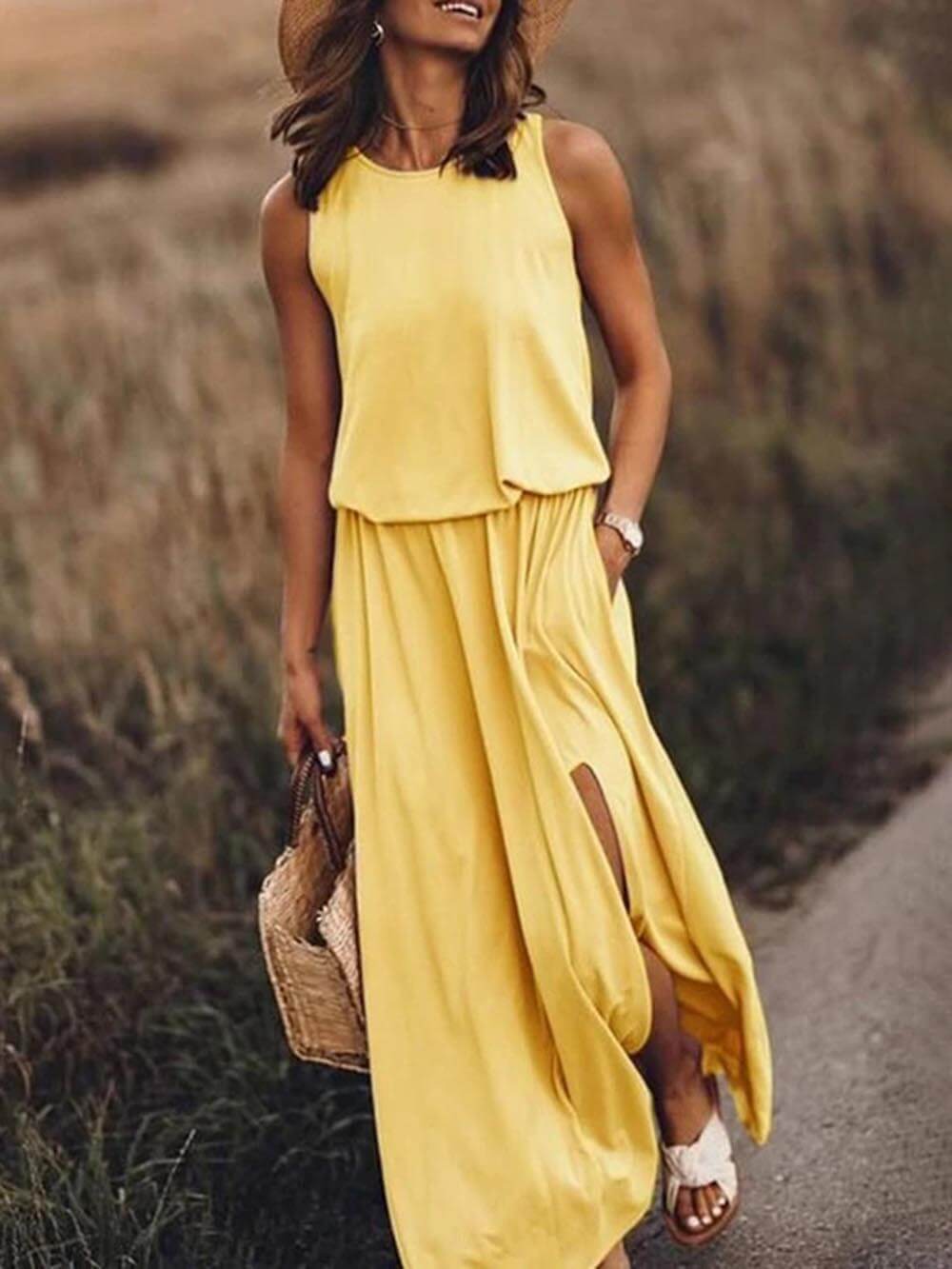 Women's Sleeveless Slit Dress Loose Fit Cotton Breezy Rose