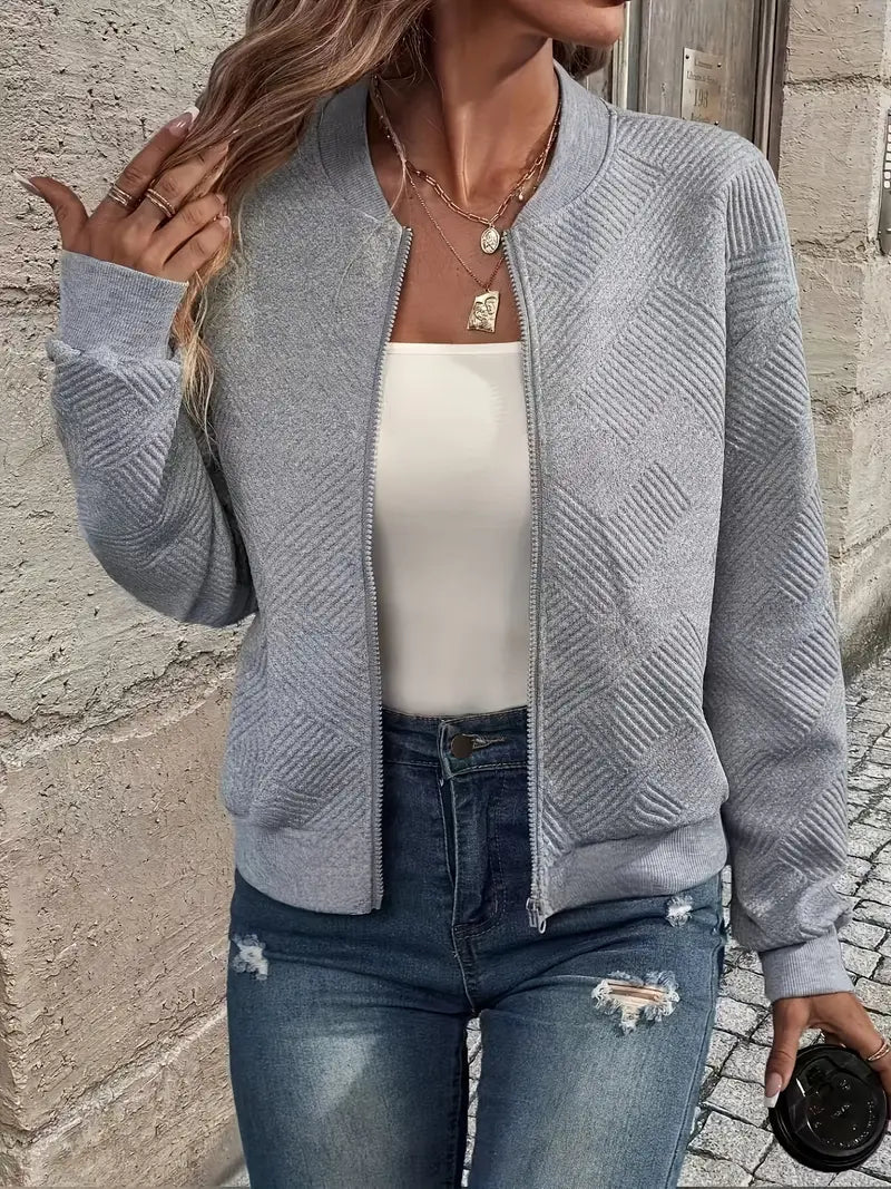 Women's Zip-Up Cardigan Ribbed Hem Long Sleeves