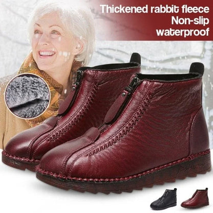 Red winter boots with thickened rabbit fleece, non-slip, and waterproof features, shown with a close-up of the lining.