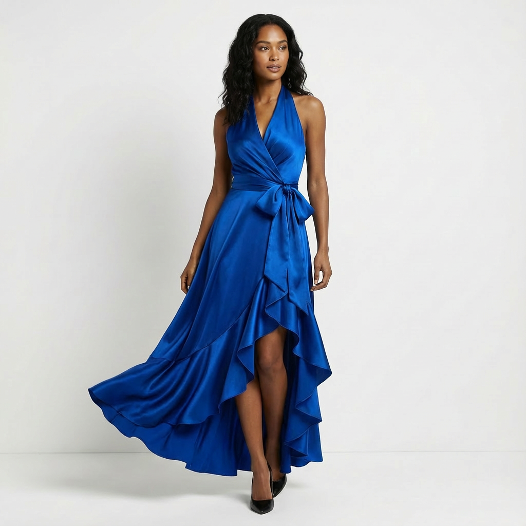 Women's Satin Maxi Dress Halter Neck Ruffled Hem