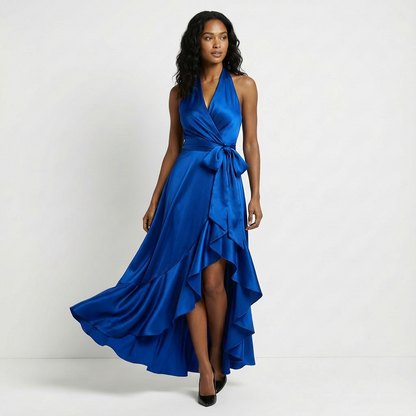 Women's Satin Maxi Dress Halter Neck Ruffled Hem