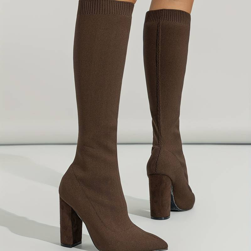 Women's Pointed Toe Booties Block Heel Knee High Boots