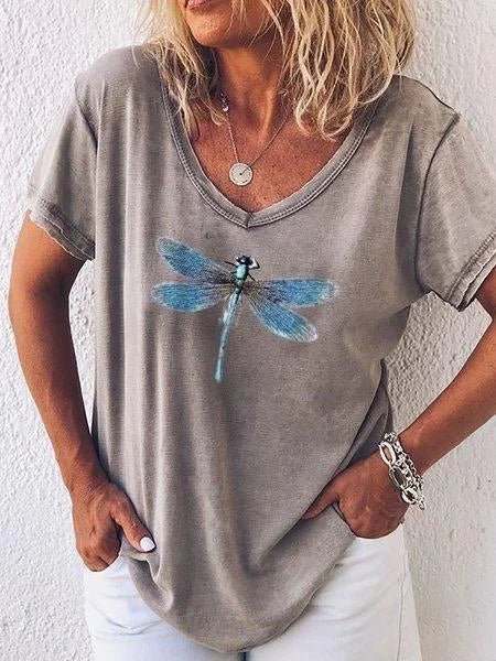 Women's V-Neck Short Sleeve Tee Dragonfly Print Casual