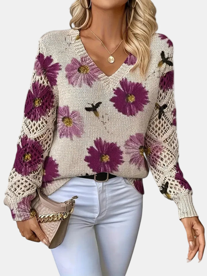 Women's V-Neck Sweater Floral Knit Pattern