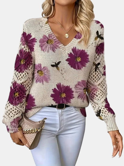 Women's V-Neck Sweater Floral Knit Pattern