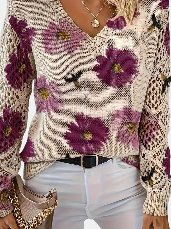 Women's V-Neck Sweater Floral Knit Pattern