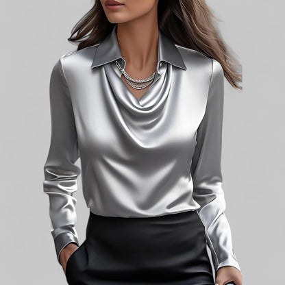 Women's Long Sleeve Blouse Glossy Cowl Neck