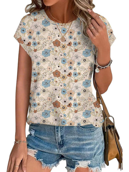 Women's Leaf Print Crew Neck Cap Sleeve Blouse