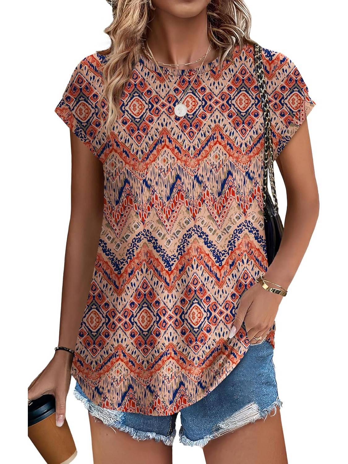 Women's Leaf Print Crew Neck Cap Sleeve Blouse