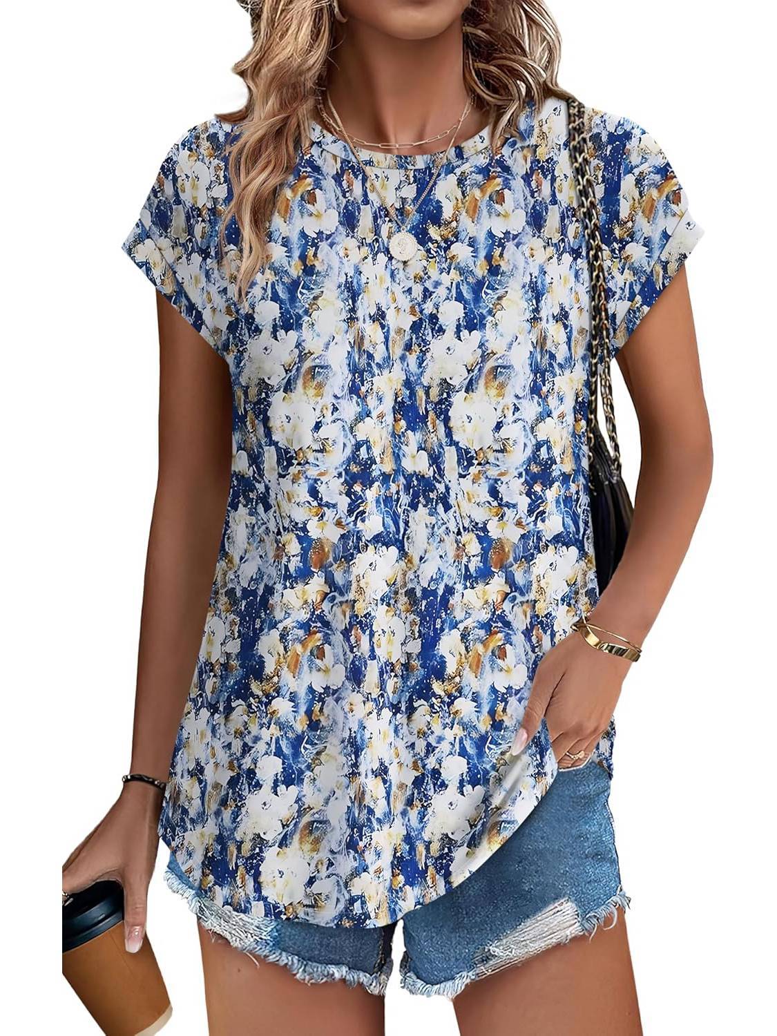 Women's Leaf Print Crew Neck Cap Sleeve Blouse