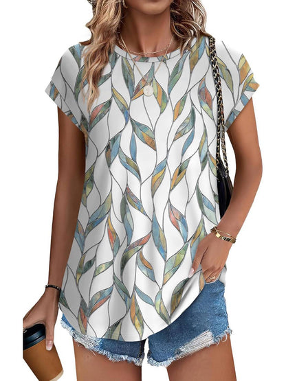 Women's Leaf Print Crew Neck Cap Sleeve Blouse - VibreMode