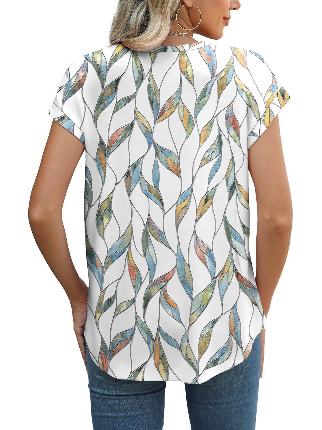 Women's Leaf Print Crew Neck Cap Sleeve Blouse