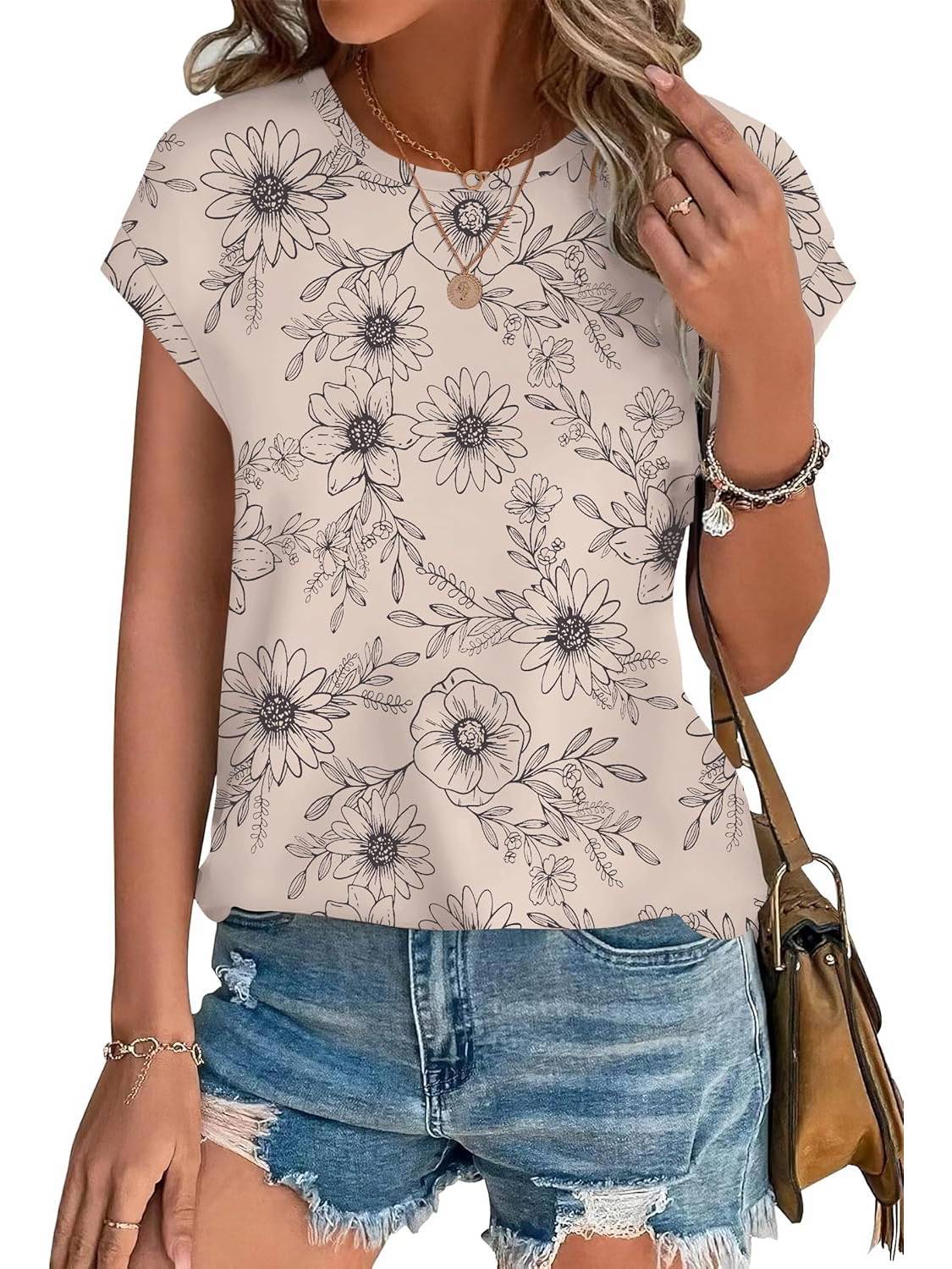 Women's Leaf Print Crew Neck Cap Sleeve Blouse