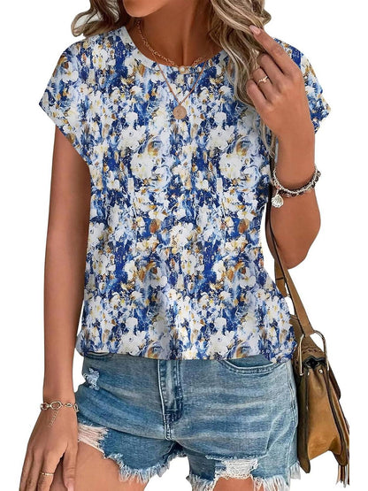Women's Leaf Print Crew Neck Cap Sleeve Blouse