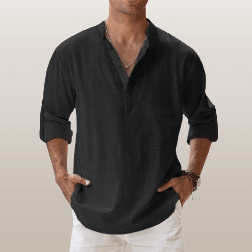 Men's Linen Blend Henley Shirt Long Sleeve Casual Beige