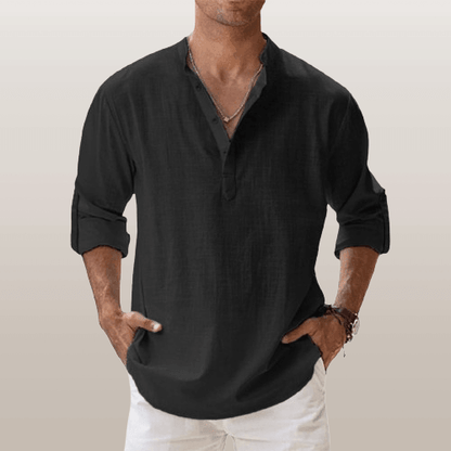 Men's Linen Blend Henley Shirt Long Sleeve Casual Beige