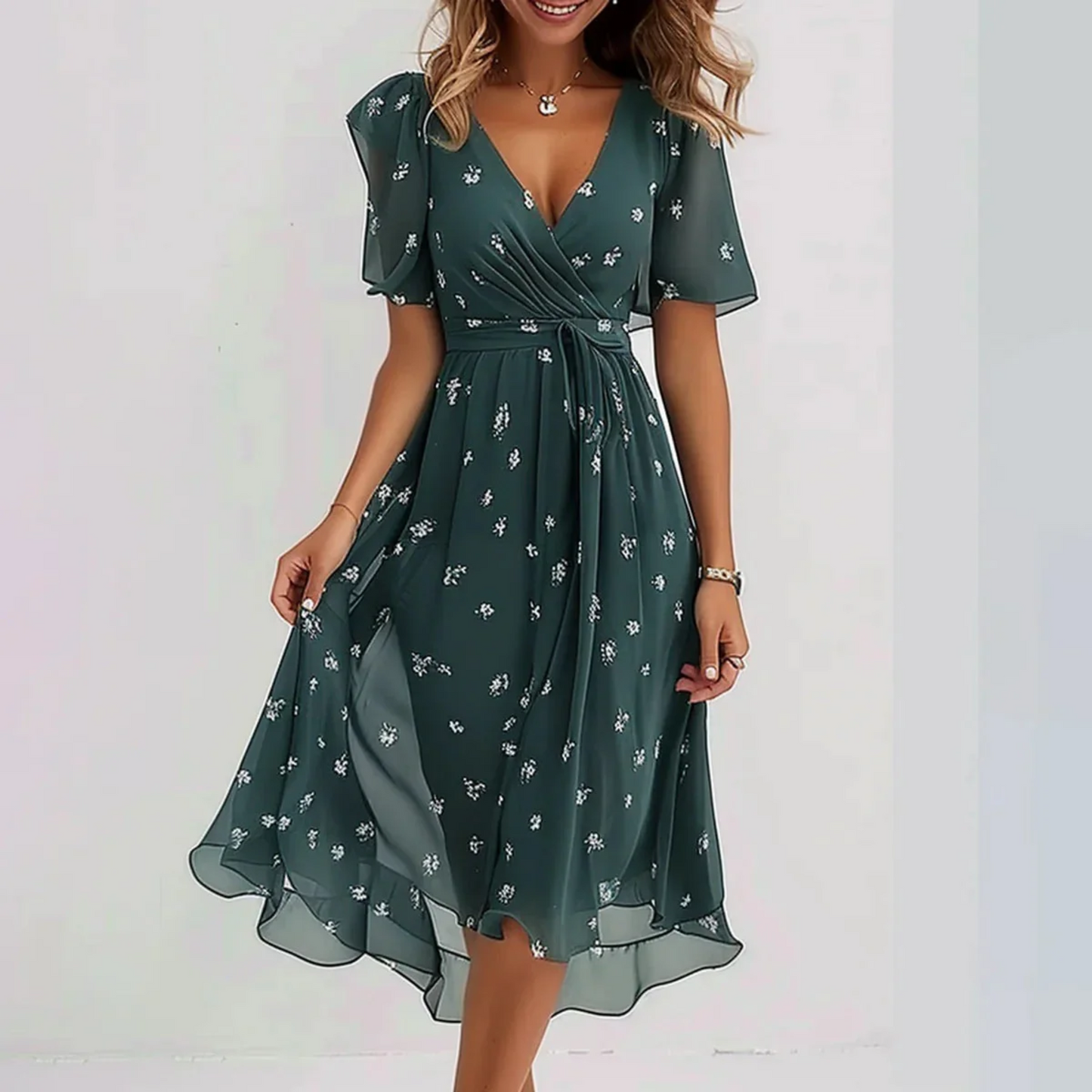 Women's Midi Wrap Dress V-Neck Flutter Sleeves - VibreMode