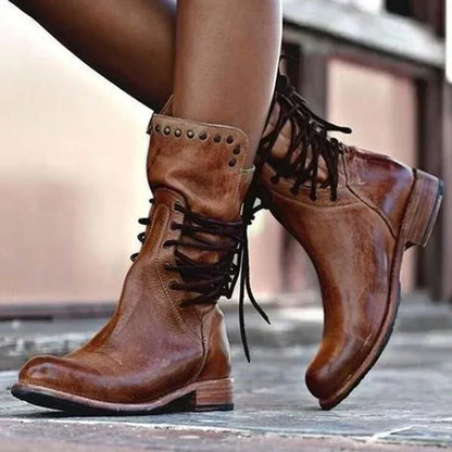 Women's Lace-Up Boots Studded Trim - VibreMode