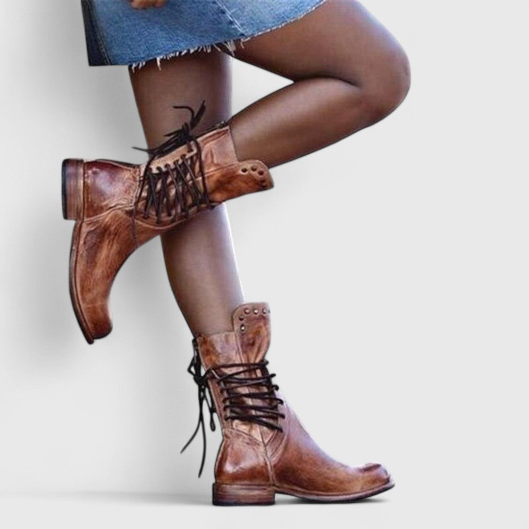 Women's Lace-Up Mid-Calf Boots with Studs