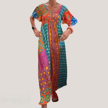 Women's Patchwork Maxi Dress Short Sleeves - VibreMode