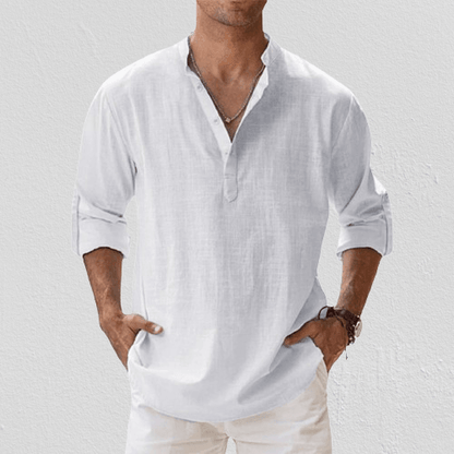 Men's Linen Blend Henley Shirt Long Sleeve Casual Beige