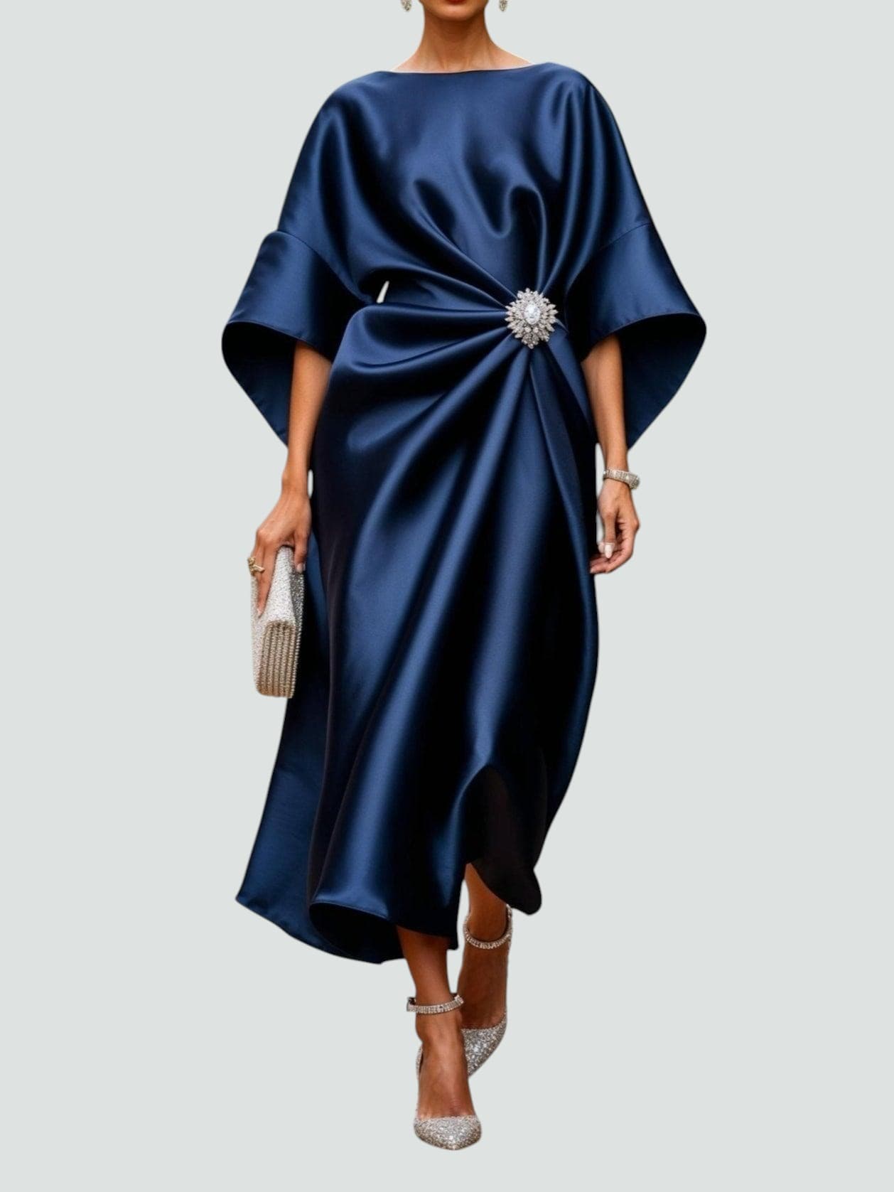 Chic Long Sleeve Maxi Dress with Brooch Detail - VibreMode
