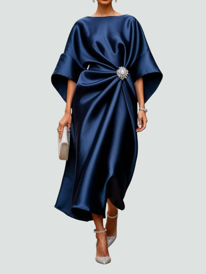 Chic Long Sleeve Maxi Dress with Brooch Detail - VibreMode