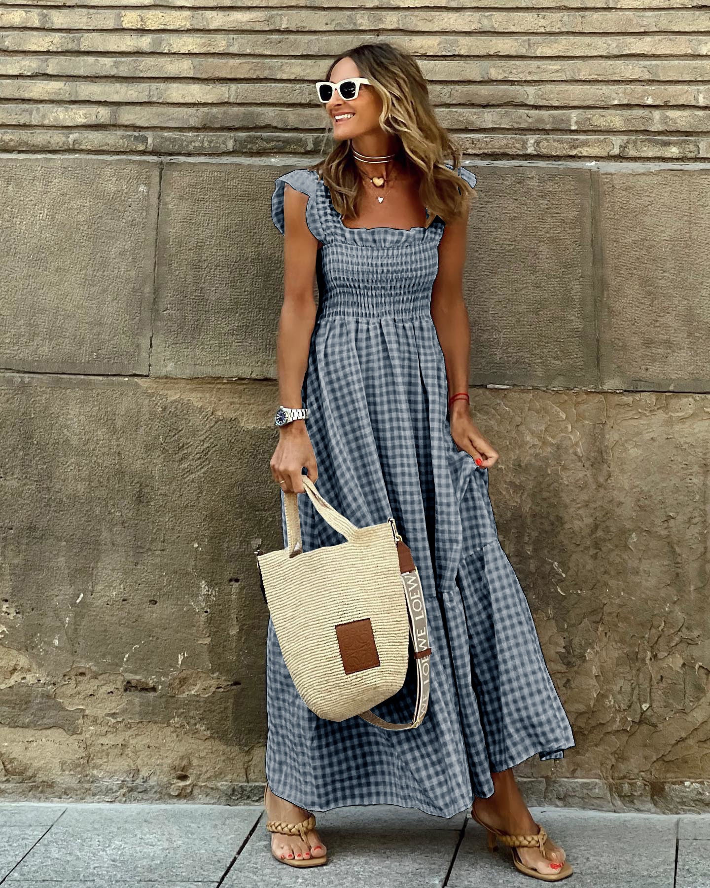 Women's Smocked Maxi Dress Elegant Sleeves
