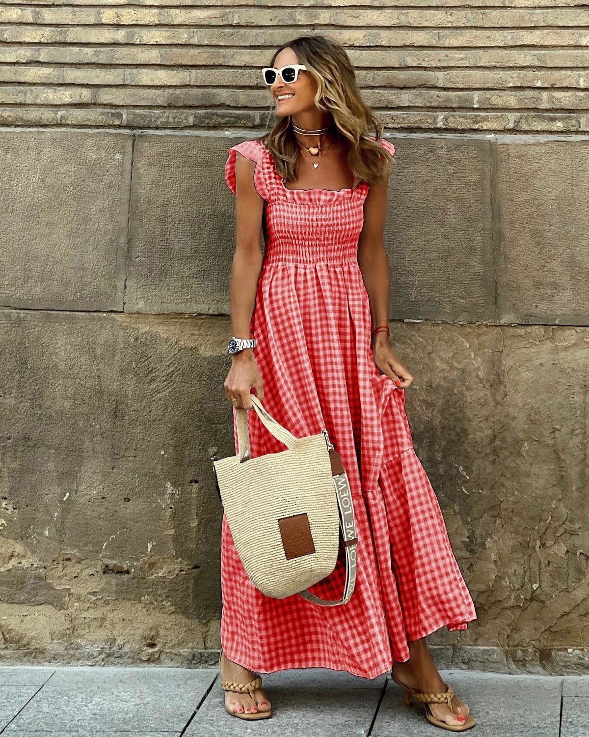 Women's Smocked Maxi Dress Elegant Sleeves