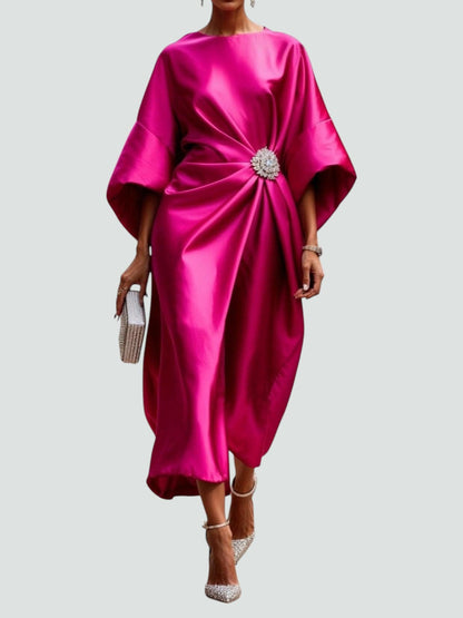 Chic Long Sleeve Maxi Dress with Brooch Detail