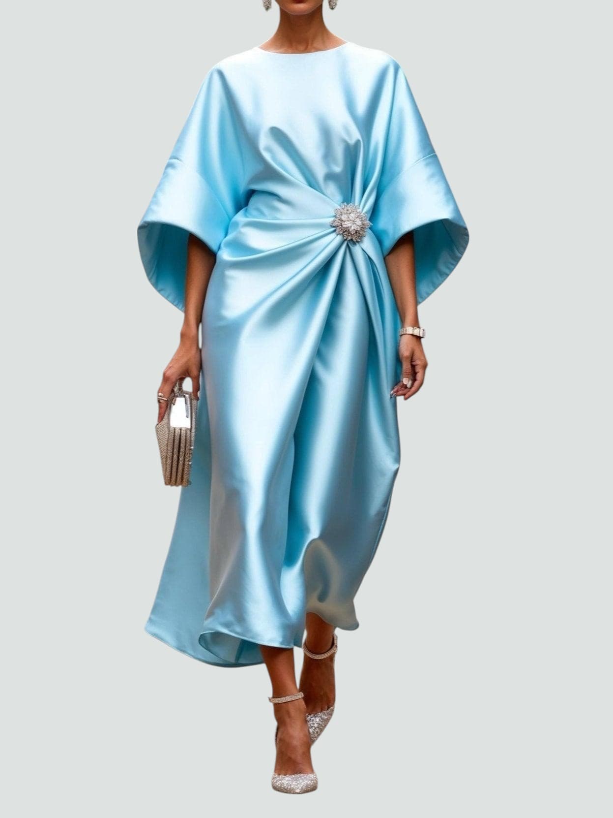 Chic Long Sleeve Maxi Dress with Brooch Detail