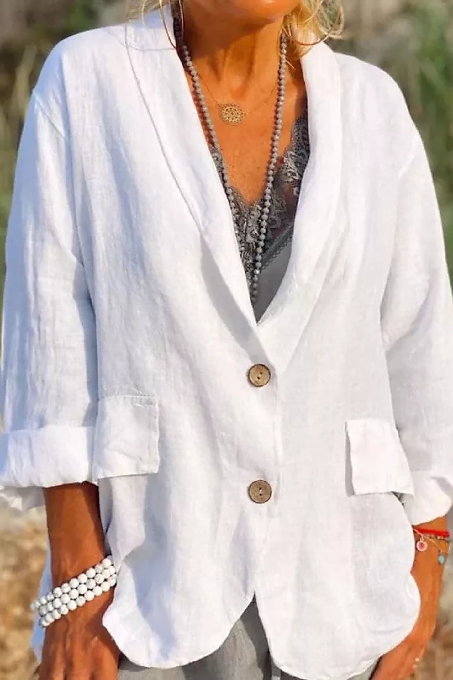 Women's Linen Jacket Lightweight V-Neck Beige - VibreMode