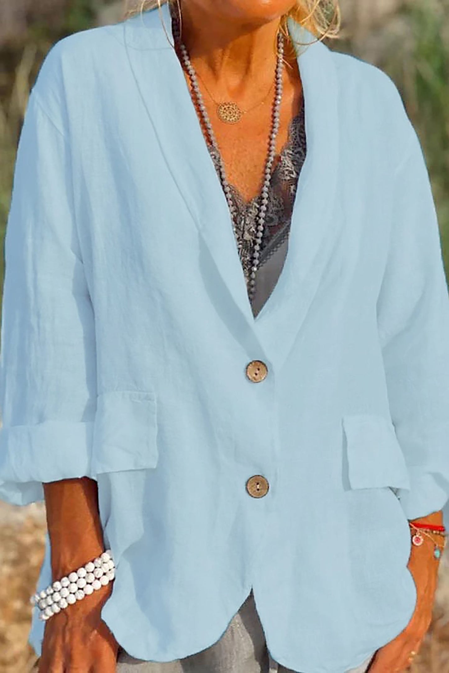 Women's Linen Jacket Lightweight V-Neck Beige