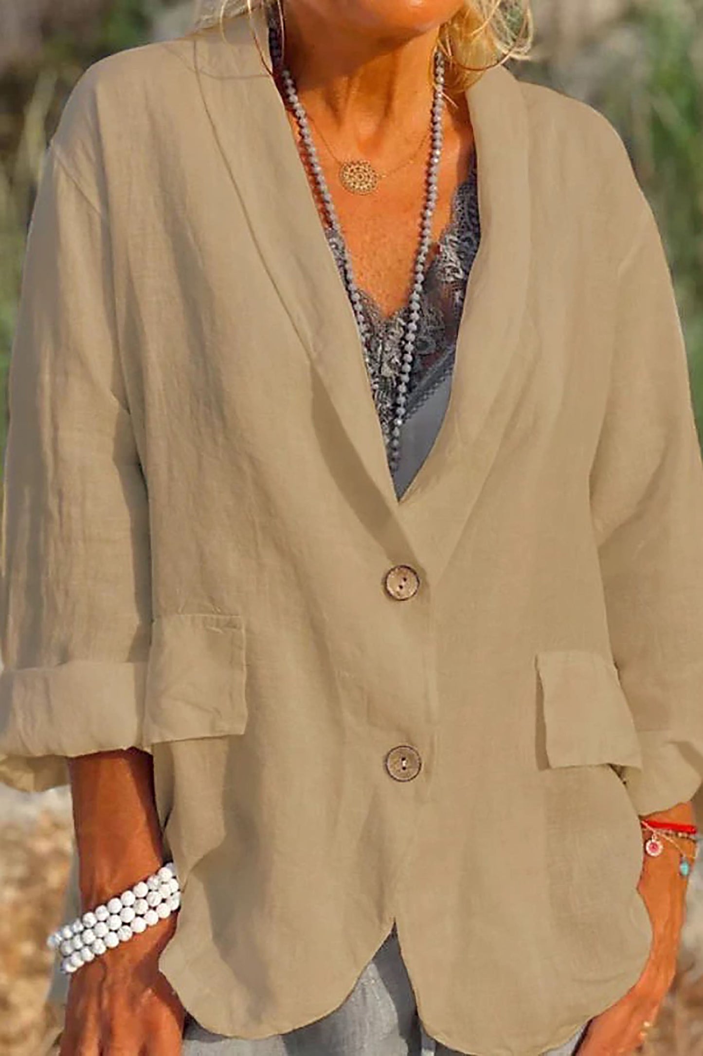Women's Linen Jacket Lightweight V-Neck Beige