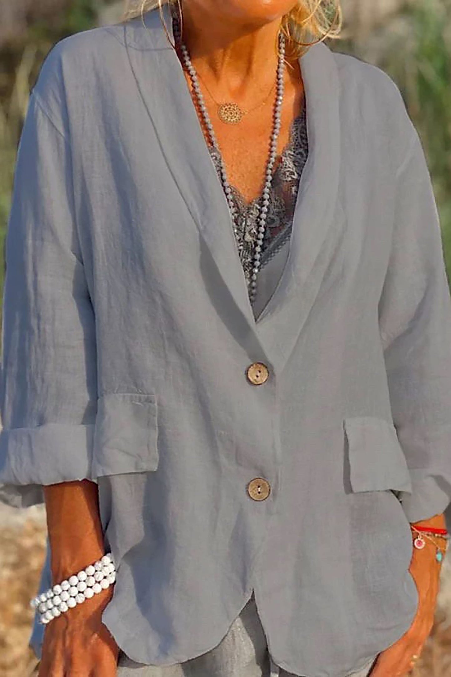 Women's Linen Jacket Lightweight V-Neck Beige
