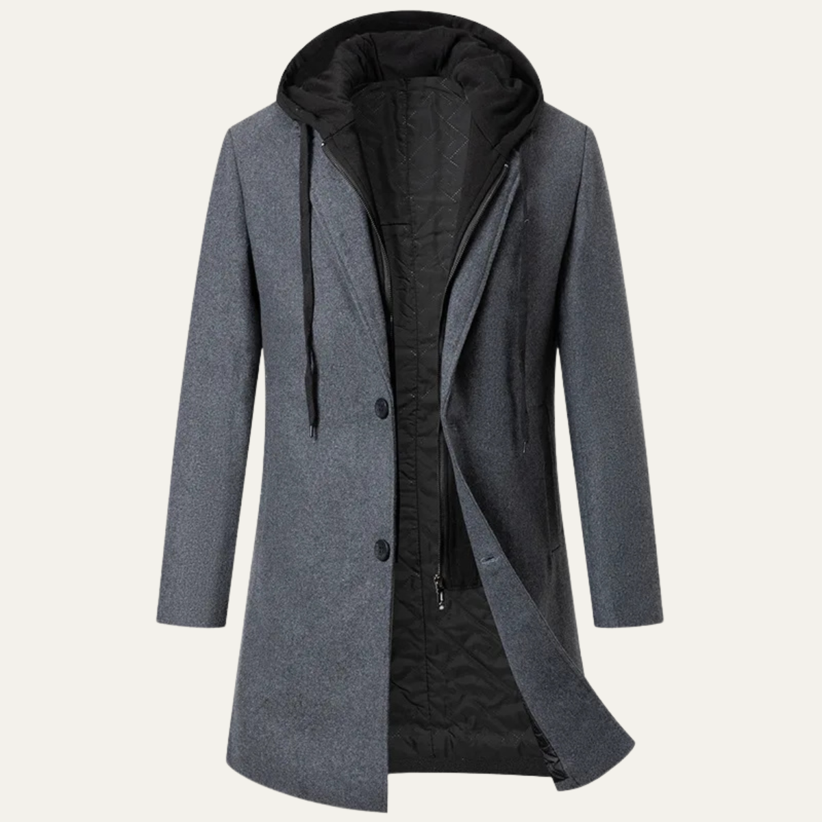 Men's Wool Overcoat Hooded Quilted Lining