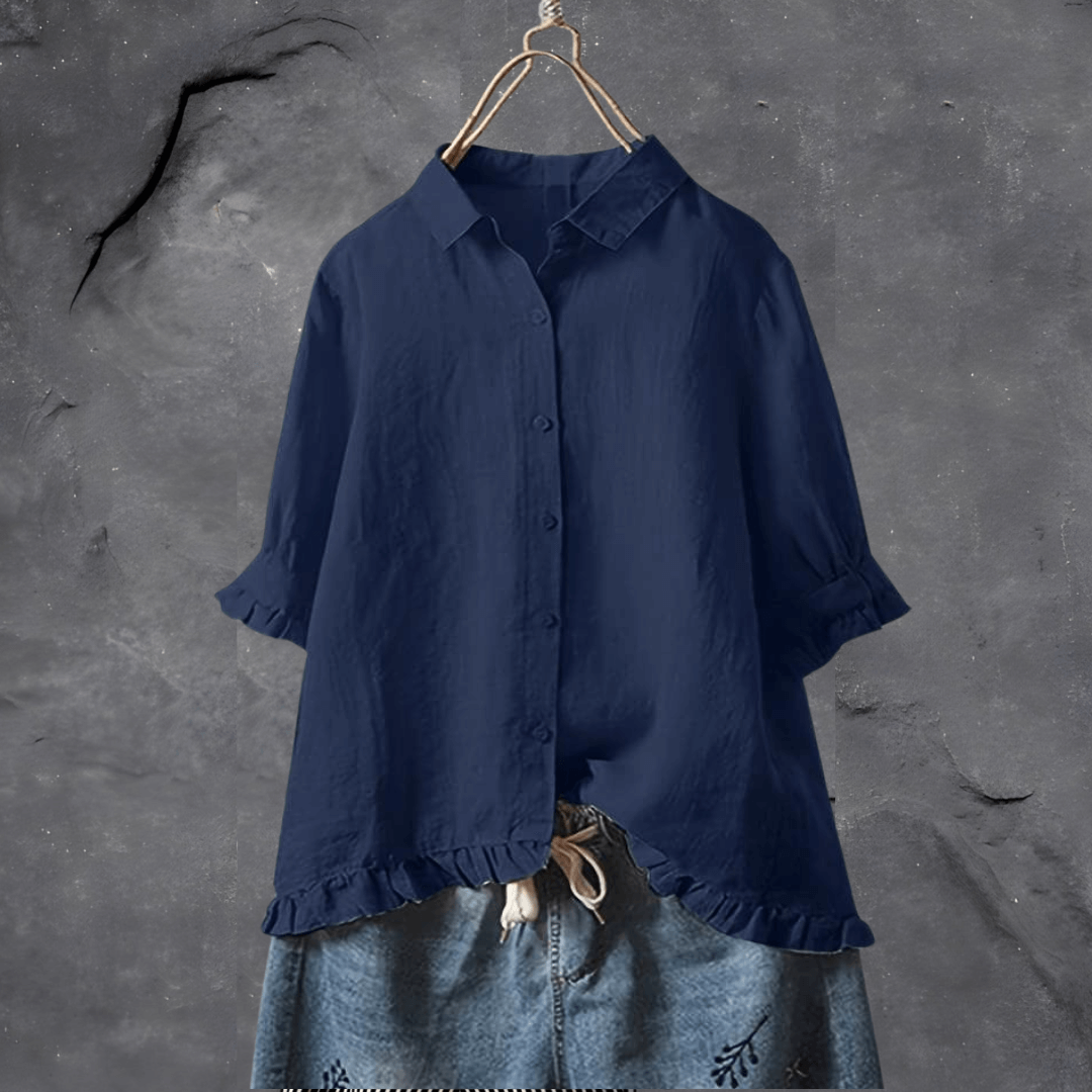 Women's Button Down Blouse Ruffle Hem