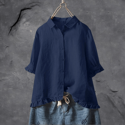 Women's Button Down Blouse Ruffle Hem
